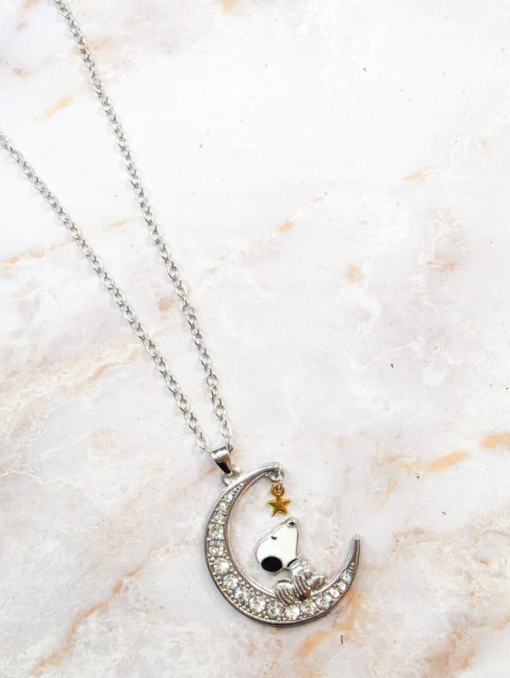 Snoopy Moon & Star Necklace Rhinestone Pendant Silver Tone 60cm Chain - Picture 8 of 9